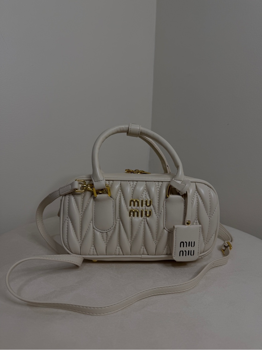 Miu Miu Cream Quilted Mini Top-Handle Bag with Gold Hardware